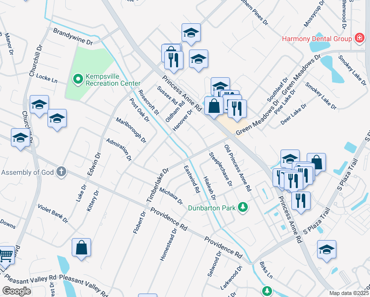 map of restaurants, bars, coffee shops, grocery stores, and more near 4679 Rosecroft Street in Virginia Beach