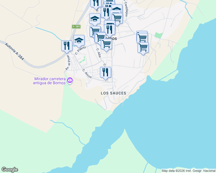 map of restaurants, bars, coffee shops, grocery stores, and more near 9 Calle Lago in Bornos