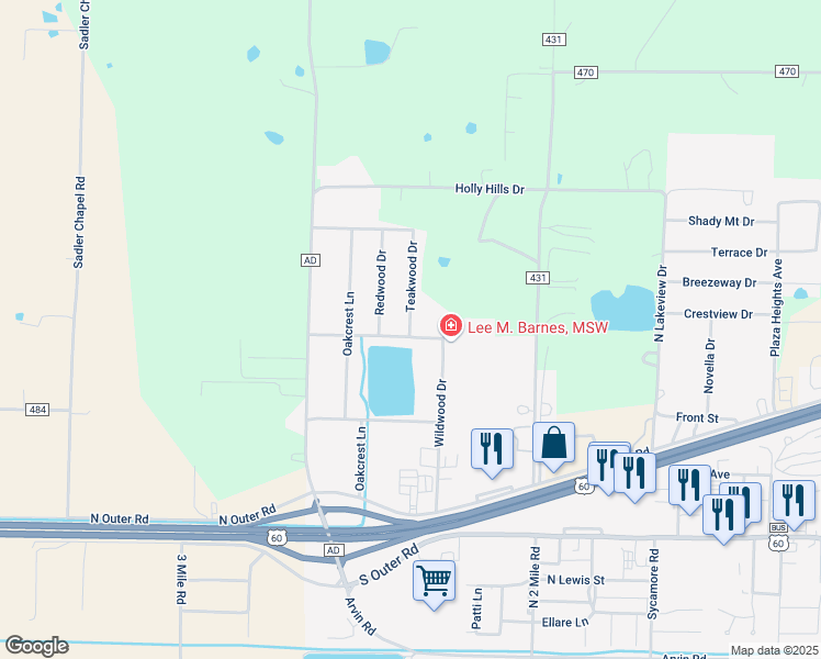 map of restaurants, bars, coffee shops, grocery stores, and more near 1201 Redwood Drive in Dexter