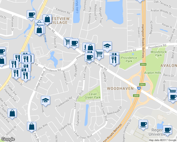 map of restaurants, bars, coffee shops, grocery stores, and more near 1001 Commonwealth Place in Virginia Beach