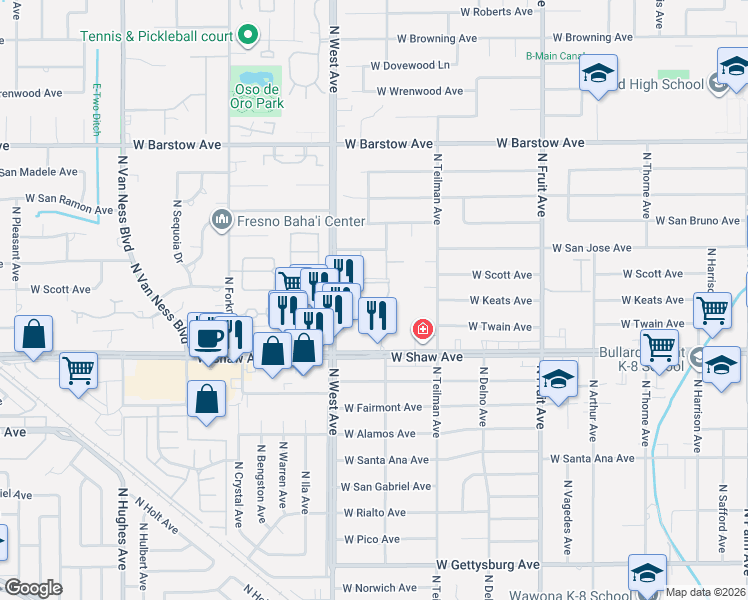 map of restaurants, bars, coffee shops, grocery stores, and more near 1734 West Shaw Avenue in Fresno