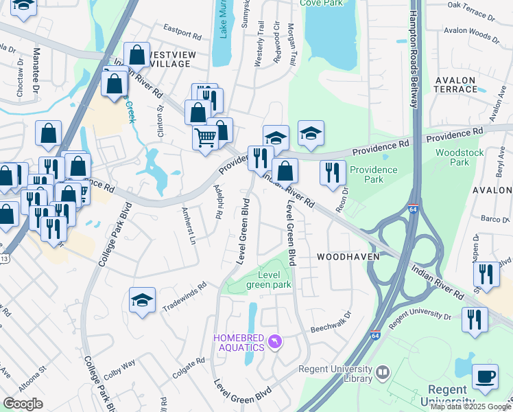 map of restaurants, bars, coffee shops, grocery stores, and more near 1001 Commonwealth Place in Virginia Beach