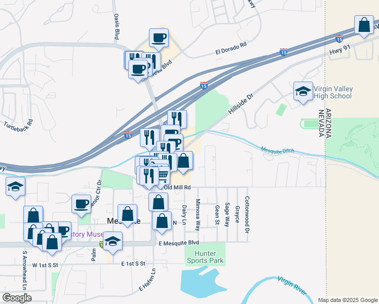 map of restaurants, bars, coffee shops, grocery stores, and more near 400 Hillside Drive in Mesquite