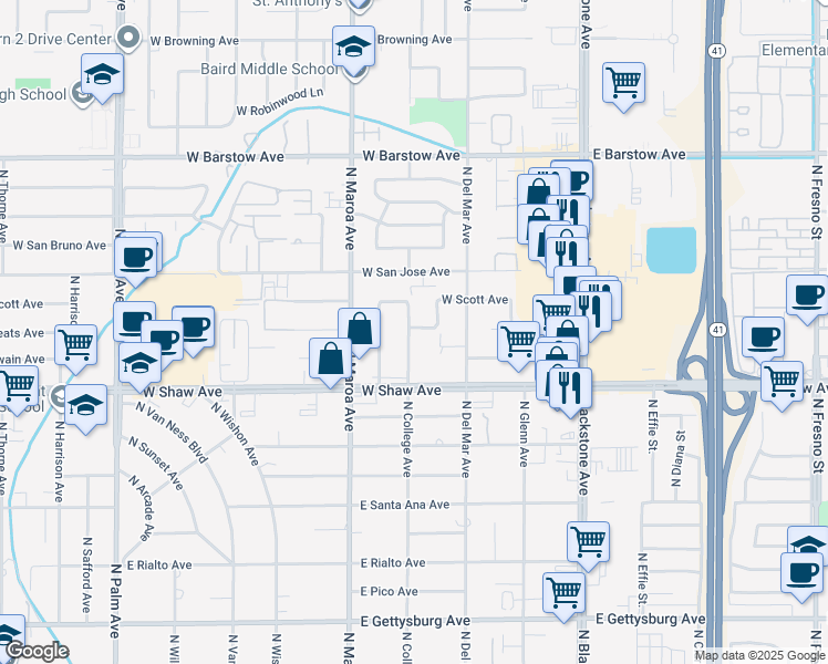map of restaurants, bars, coffee shops, grocery stores, and more near 5083 North College Avenue in Fresno