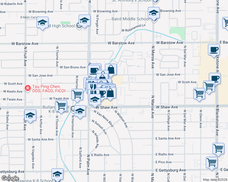 map of restaurants, bars, coffee shops, grocery stores, and more near 5075 North Roosevelt Avenue in Fresno