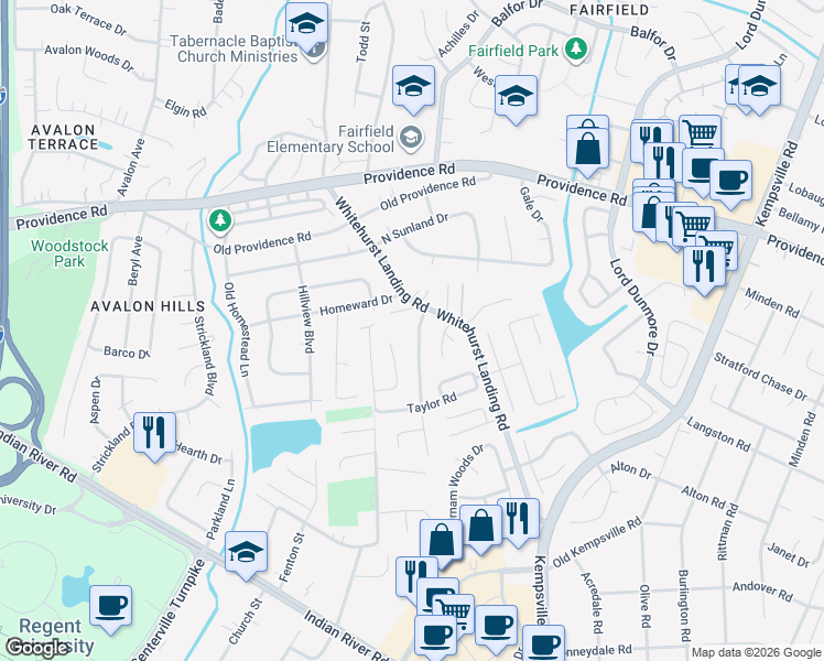 map of restaurants, bars, coffee shops, grocery stores, and more near 945 Thompson Way in Virginia Beach