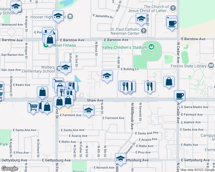 map of restaurants, bars, coffee shops, grocery stores, and more near 1318 Shaw Avenue in Fresno