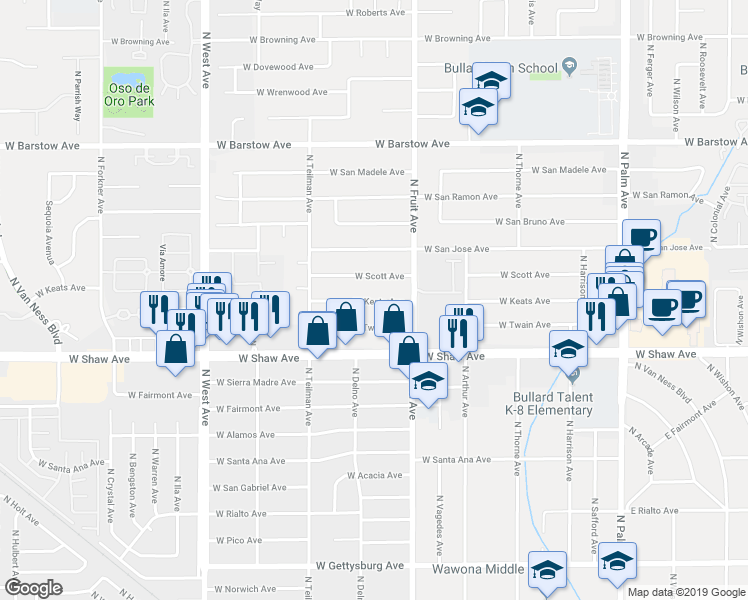 map of restaurants, bars, coffee shops, grocery stores, and more near 1474 West Keats Avenue in Fresno
