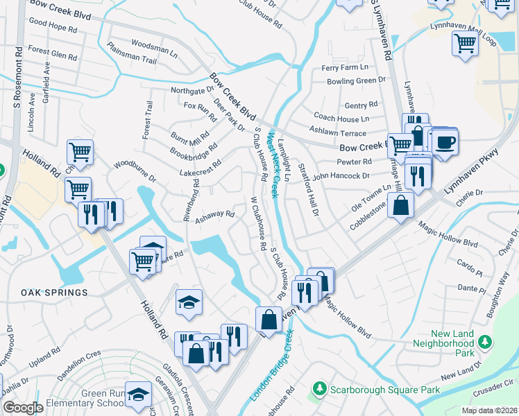 map of restaurants, bars, coffee shops, grocery stores, and more near 891-4 South Club House Road in Virginia Beach