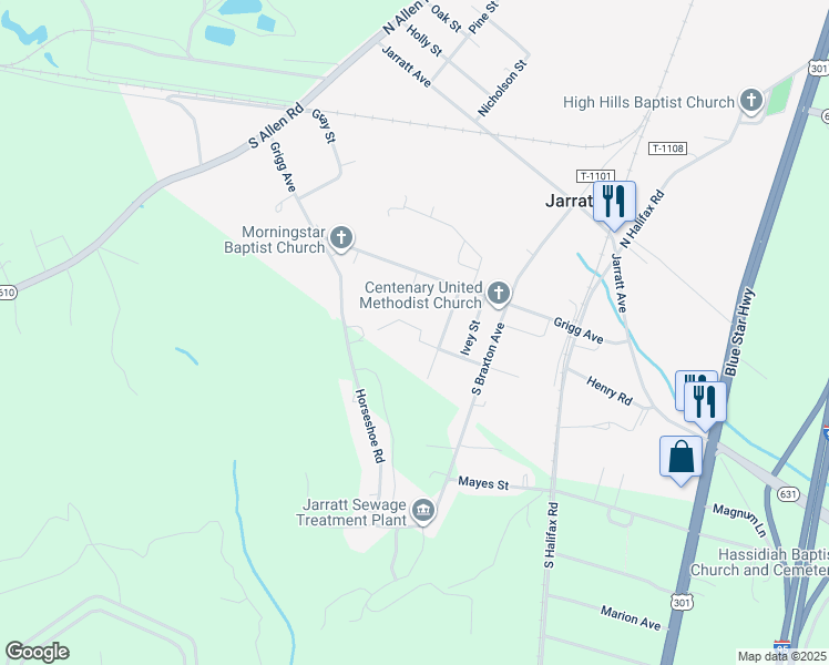map of restaurants, bars, coffee shops, grocery stores, and more near 203 Saint Francis Street in Jarratt
