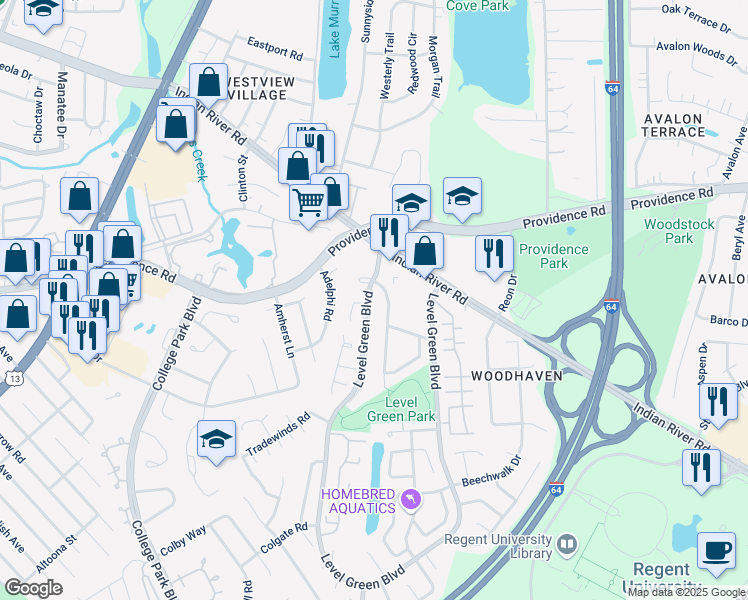 map of restaurants, bars, coffee shops, grocery stores, and more near 1001 Commonwealth Place in Virginia Beach
