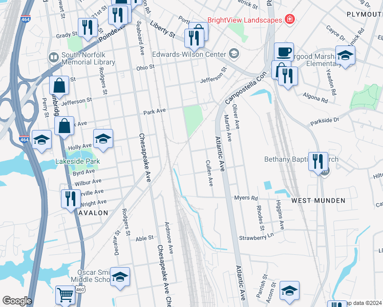map of restaurants, bars, coffee shops, grocery stores, and more near 1601 Hoover Avenue in Chesapeake
