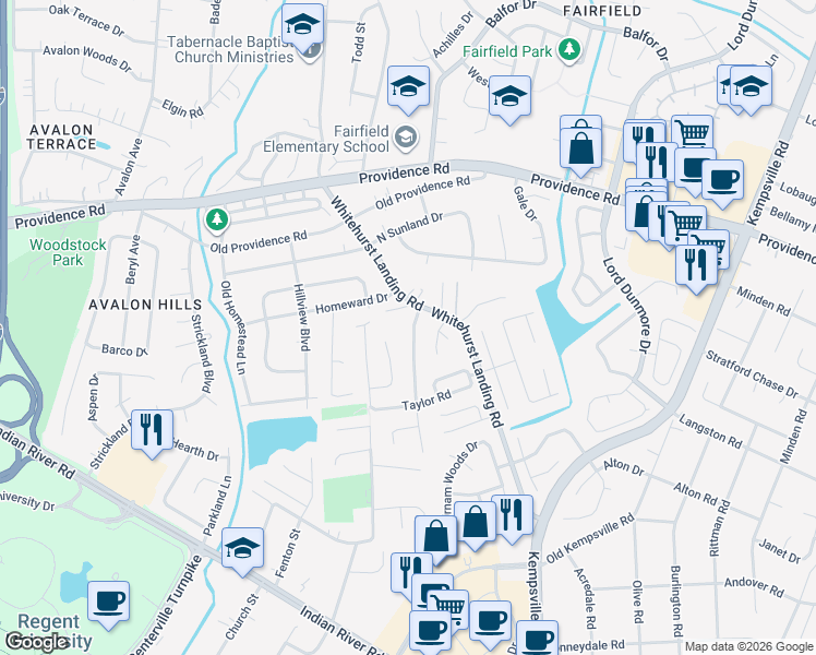 map of restaurants, bars, coffee shops, grocery stores, and more near 945 Thompson Way in Virginia Beach