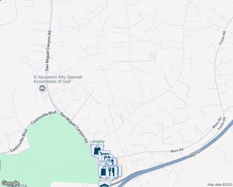 map of restaurants, bars, coffee shops, grocery stores, and more near 7190 Azzelio Way in Salinas