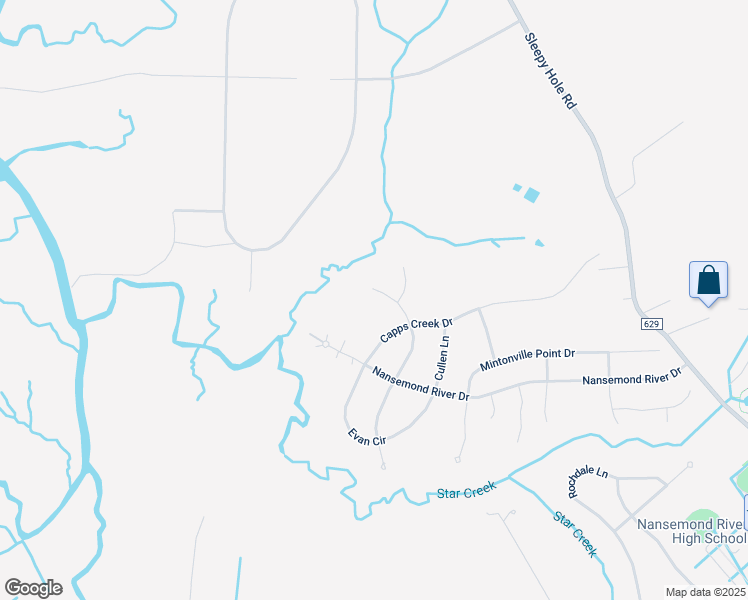 map of restaurants, bars, coffee shops, grocery stores, and more near 4315 Edgewater Lane in Suffolk