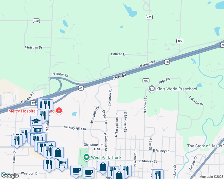 map of restaurants, bars, coffee shops, grocery stores, and more near 1520 East Kenton Road in Dexter