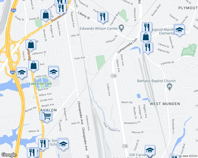 map of restaurants, bars, coffee shops, grocery stores, and more near 1601 Hoover Avenue in Chesapeake
