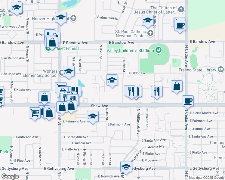 map of restaurants, bars, coffee shops, grocery stores, and more near 1318 Shaw Avenue in Fresno