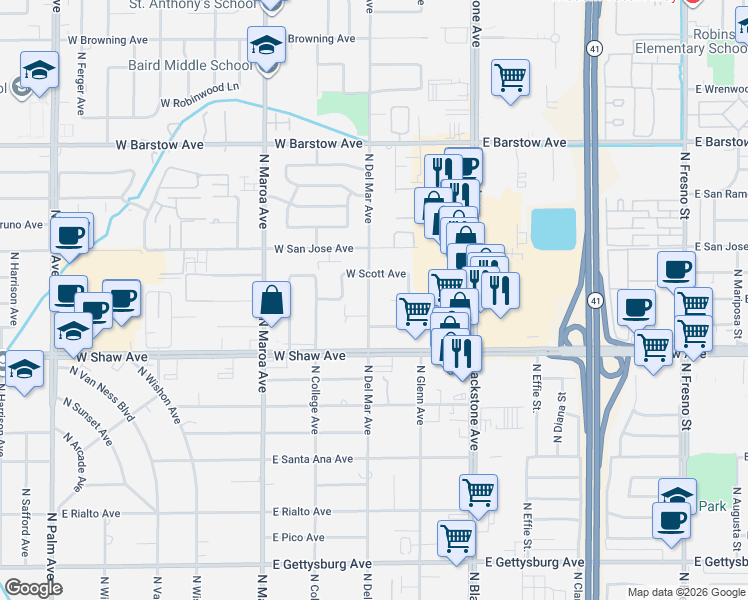 map of restaurants, bars, coffee shops, grocery stores, and more near 5084 North Del Mar Avenue in Fresno