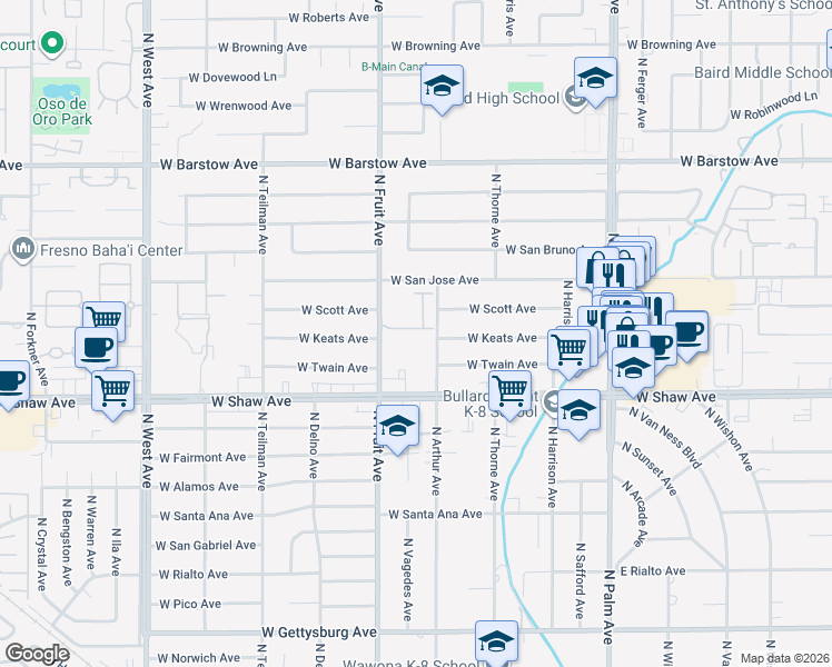 map of restaurants, bars, coffee shops, grocery stores, and more near 5090 North Fruit Avenue in Fresno