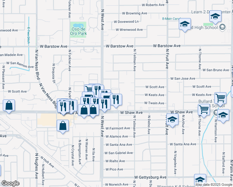 map of restaurants, bars, coffee shops, grocery stores, and more near 1734 West Shaw Avenue in Fresno