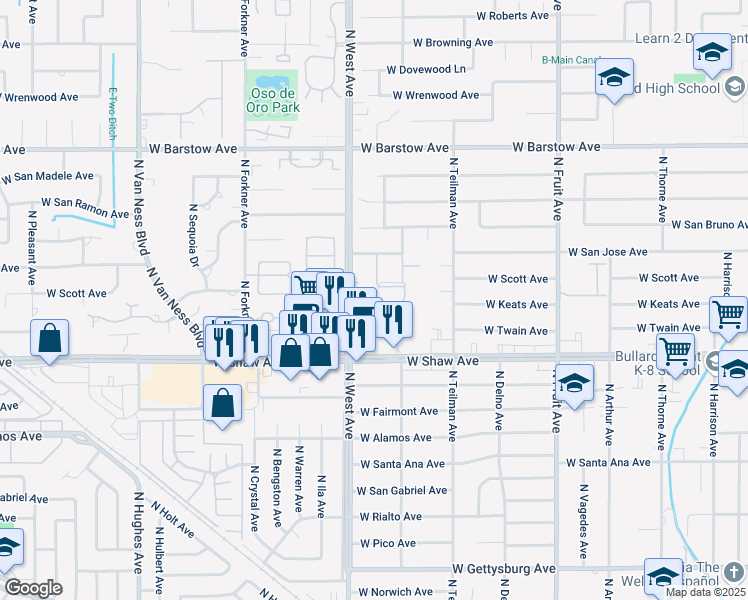map of restaurants, bars, coffee shops, grocery stores, and more near 5104 North West Avenue in Fresno