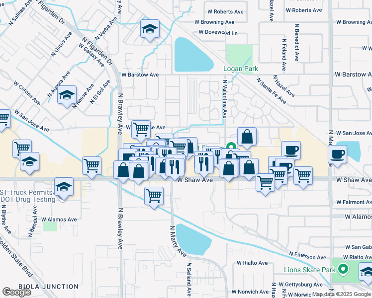 map of restaurants, bars, coffee shops, grocery stores, and more near 5130 North Marty Avenue in Fresno