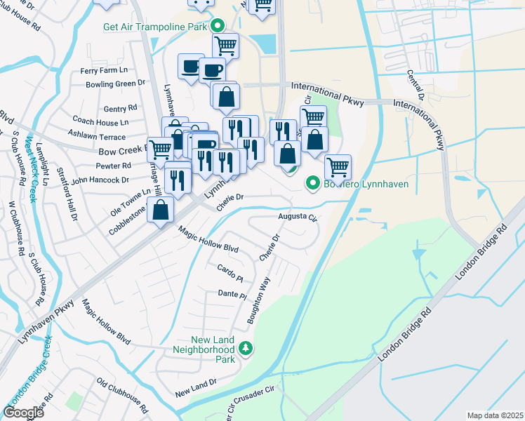 map of restaurants, bars, coffee shops, grocery stores, and more near 2949 Augusta Circle in Virginia Beach