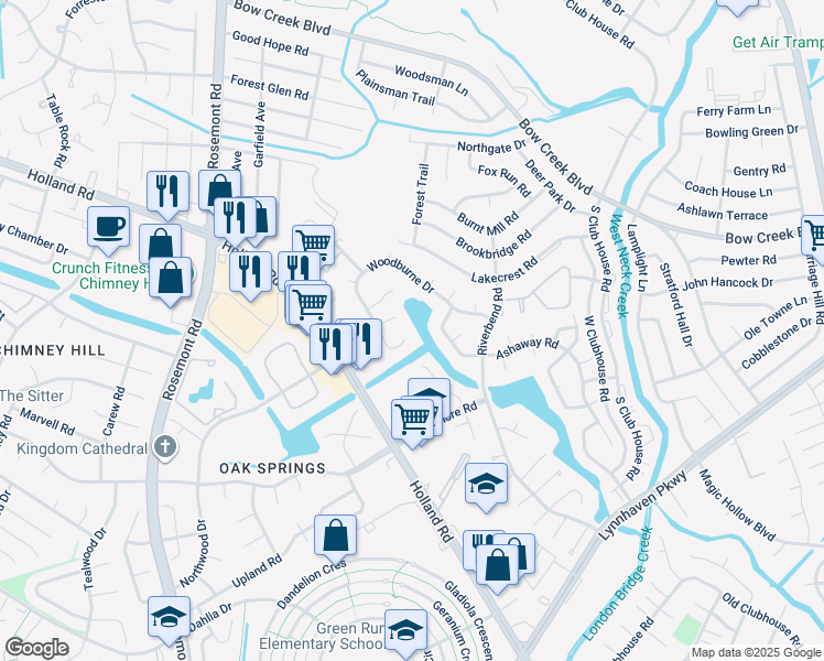 map of restaurants, bars, coffee shops, grocery stores, and more near 3547 Woodburne Drive in Virginia Beach