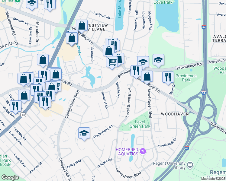 map of restaurants, bars, coffee shops, grocery stores, and more near 925 Adelphi Road in Virginia Beach