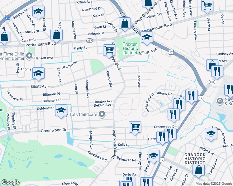 map of restaurants, bars, coffee shops, grocery stores, and more near 3720 Deep Creek Boulevard in Portsmouth