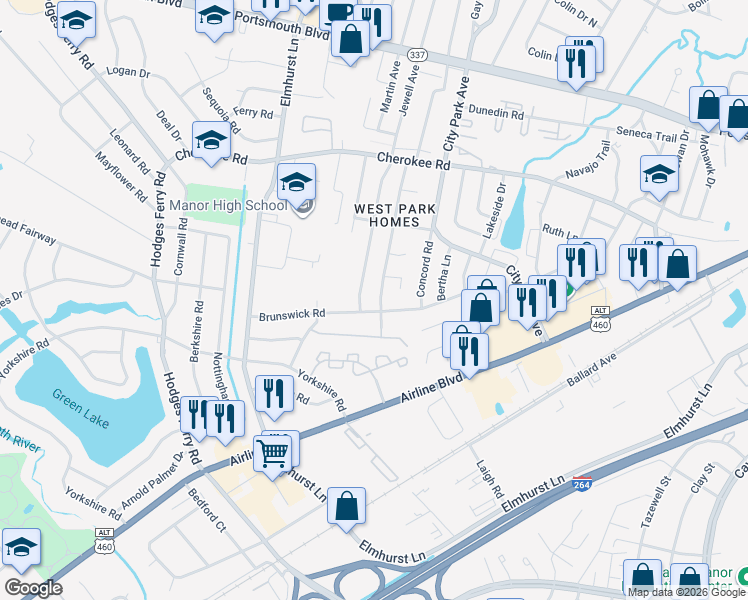 map of restaurants, bars, coffee shops, grocery stores, and more near 1226 Tatem Avenue in Portsmouth