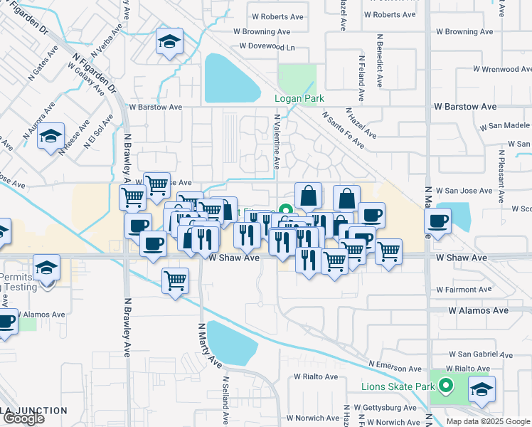 map of restaurants, bars, coffee shops, grocery stores, and more near 3460 North Valentine Avenue in Fresno