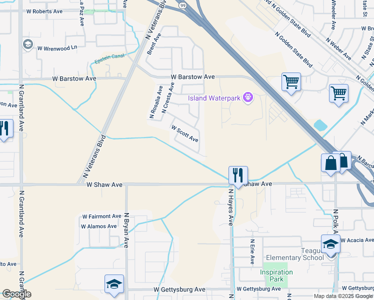 map of restaurants, bars, coffee shops, grocery stores, and more near 6149 West KEATS Avenue in Fresno