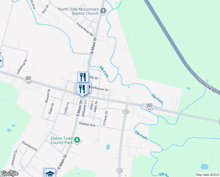 map of restaurants, bars, coffee shops, grocery stores, and more near East Jefferson Street in Elkton