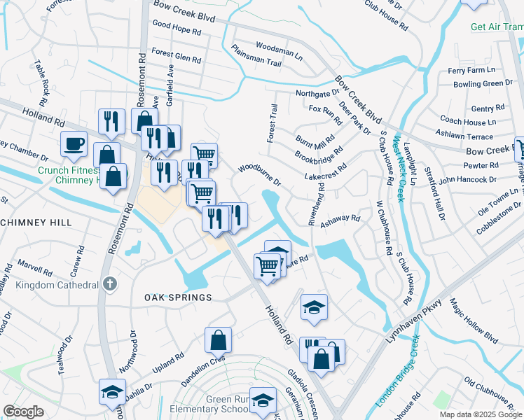 map of restaurants, bars, coffee shops, grocery stores, and more near 3543 Woodburne Drive in Virginia Beach