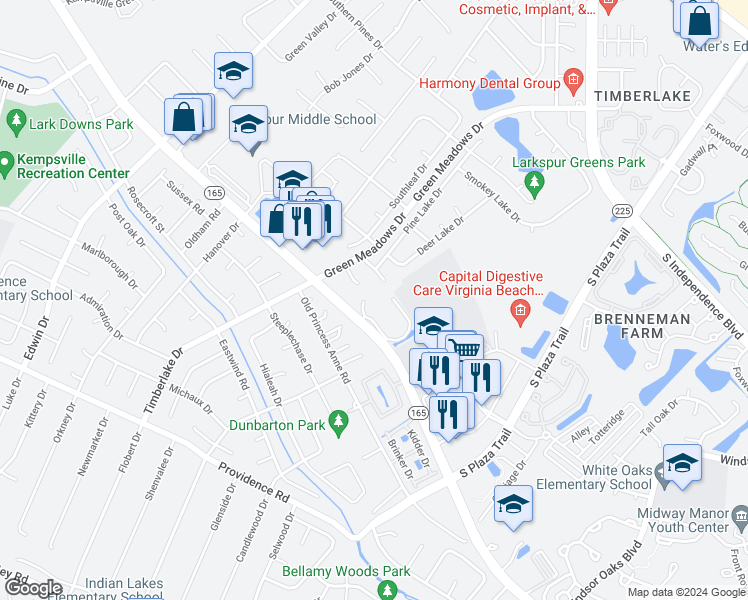 map of restaurants, bars, coffee shops, grocery stores, and more near 4560 Princess Anne Road in Virginia Beach