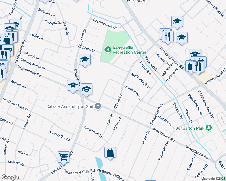 map of restaurants, bars, coffee shops, grocery stores, and more near 4912 Whipaway Lane in Virginia Beach