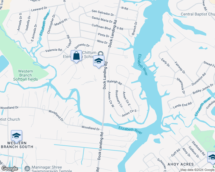map of restaurants, bars, coffee shops, grocery stores, and more near 1924 Ames Circle West in Chesapeake