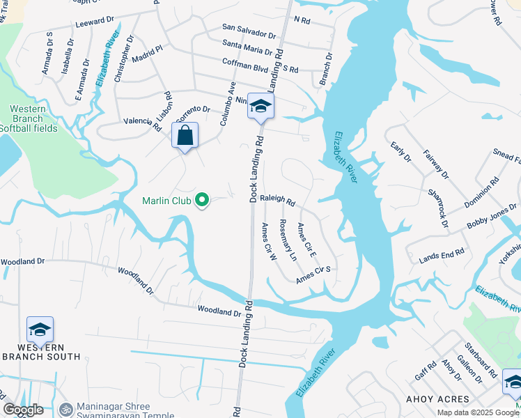 map of restaurants, bars, coffee shops, grocery stores, and more near 1924 Ames Circle West in Chesapeake