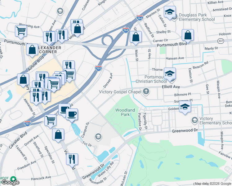 map of restaurants, bars, coffee shops, grocery stores, and more near 3667 Elliott Avenue in Portsmouth