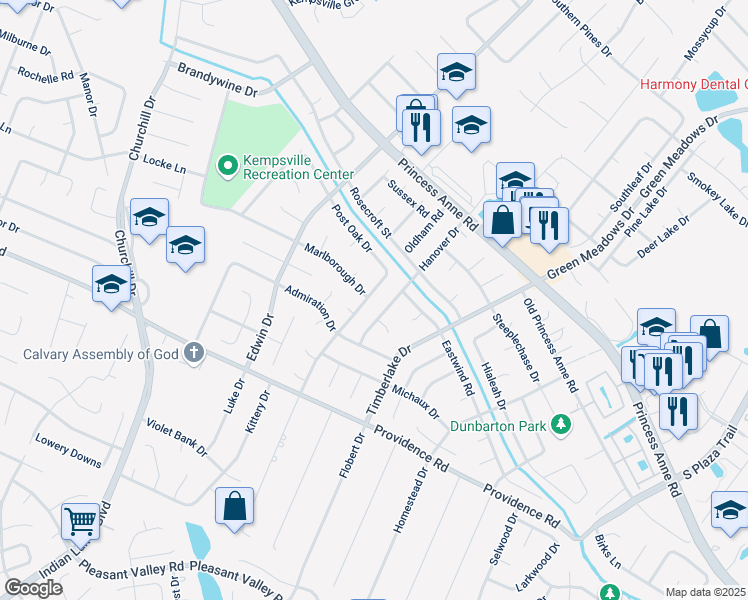 map of restaurants, bars, coffee shops, grocery stores, and more near 916 Amesbury Road in Virginia Beach