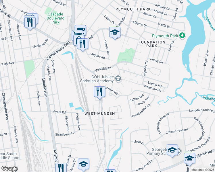 map of restaurants, bars, coffee shops, grocery stores, and more near 2620 Sunrise Avenue in Chesapeake