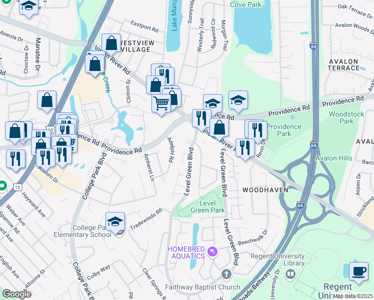 map of restaurants, bars, coffee shops, grocery stores, and more near 6100 Level Green Court in Virginia Beach