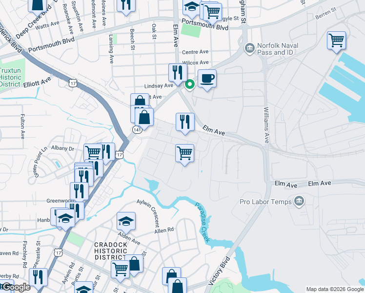 map of restaurants, bars, coffee shops, grocery stores, and more near Andrews Street in Portsmouth