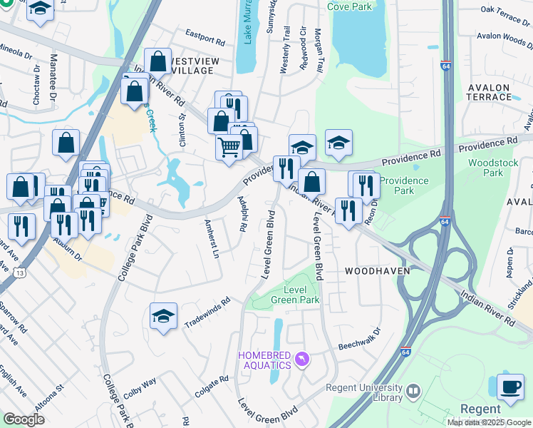 map of restaurants, bars, coffee shops, grocery stores, and more near 6100 Level Green Court in Virginia Beach