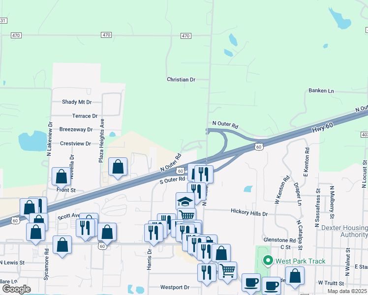 map of restaurants, bars, coffee shops, grocery stores, and more near North Outer Road in Dexter