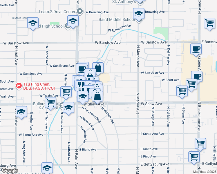 map of restaurants, bars, coffee shops, grocery stores, and more near 5085 North Wishon Avenue in Fresno