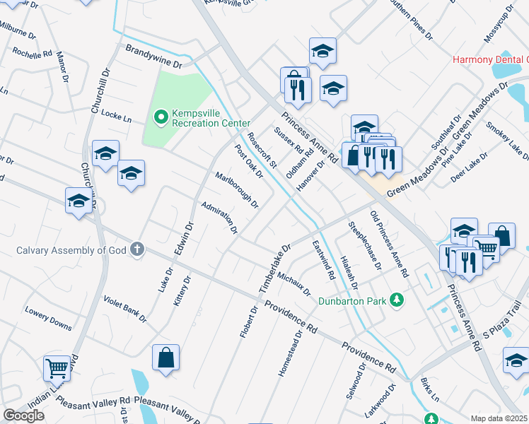 map of restaurants, bars, coffee shops, grocery stores, and more near 916 Amesbury Road in Virginia Beach