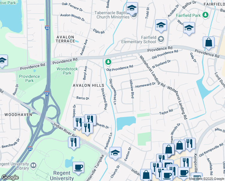 map of restaurants, bars, coffee shops, grocery stores, and more near 1004 Old Homestead Lane in Virginia Beach